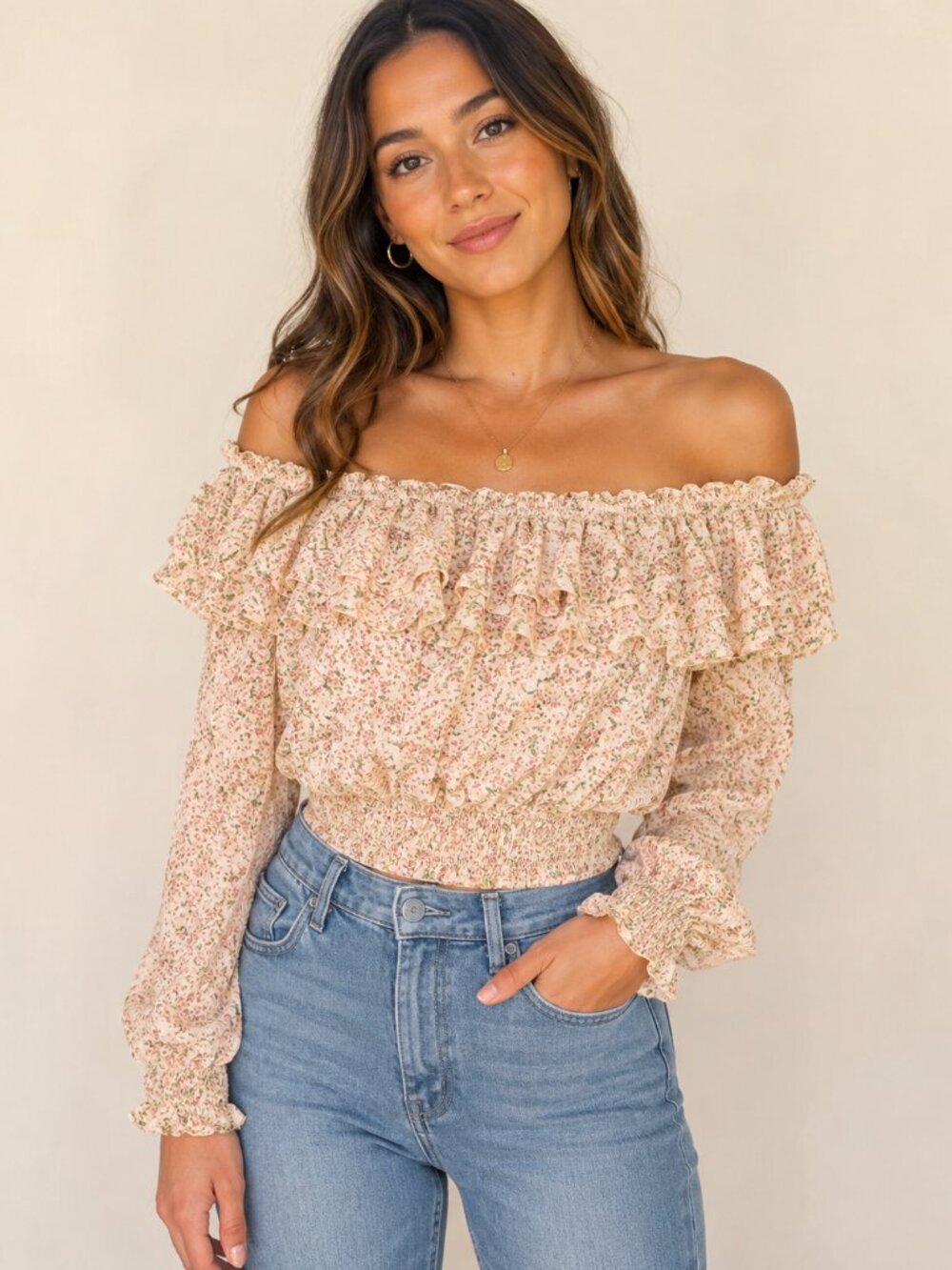 Lulus Teddi Blush Pink Floral Print Ruffled Off the‎ Shoulder Crop Top Small-364